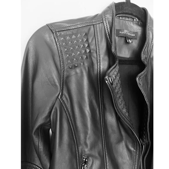 Slate & Willow Embossed Studs Moto Black 100% Leather Jacket Zipper Pockets XS/S - Picture 14 of 16